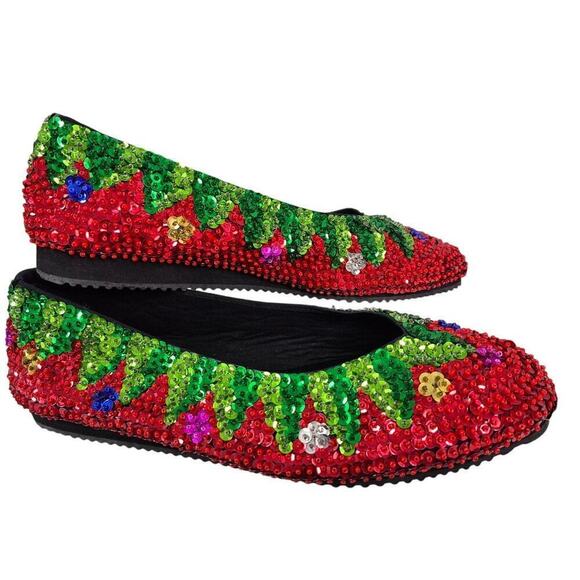 NWOT Charlie England City Sequined Holiday Flats Red/Green Ruby Slippers 9 - Picture 4 of 7